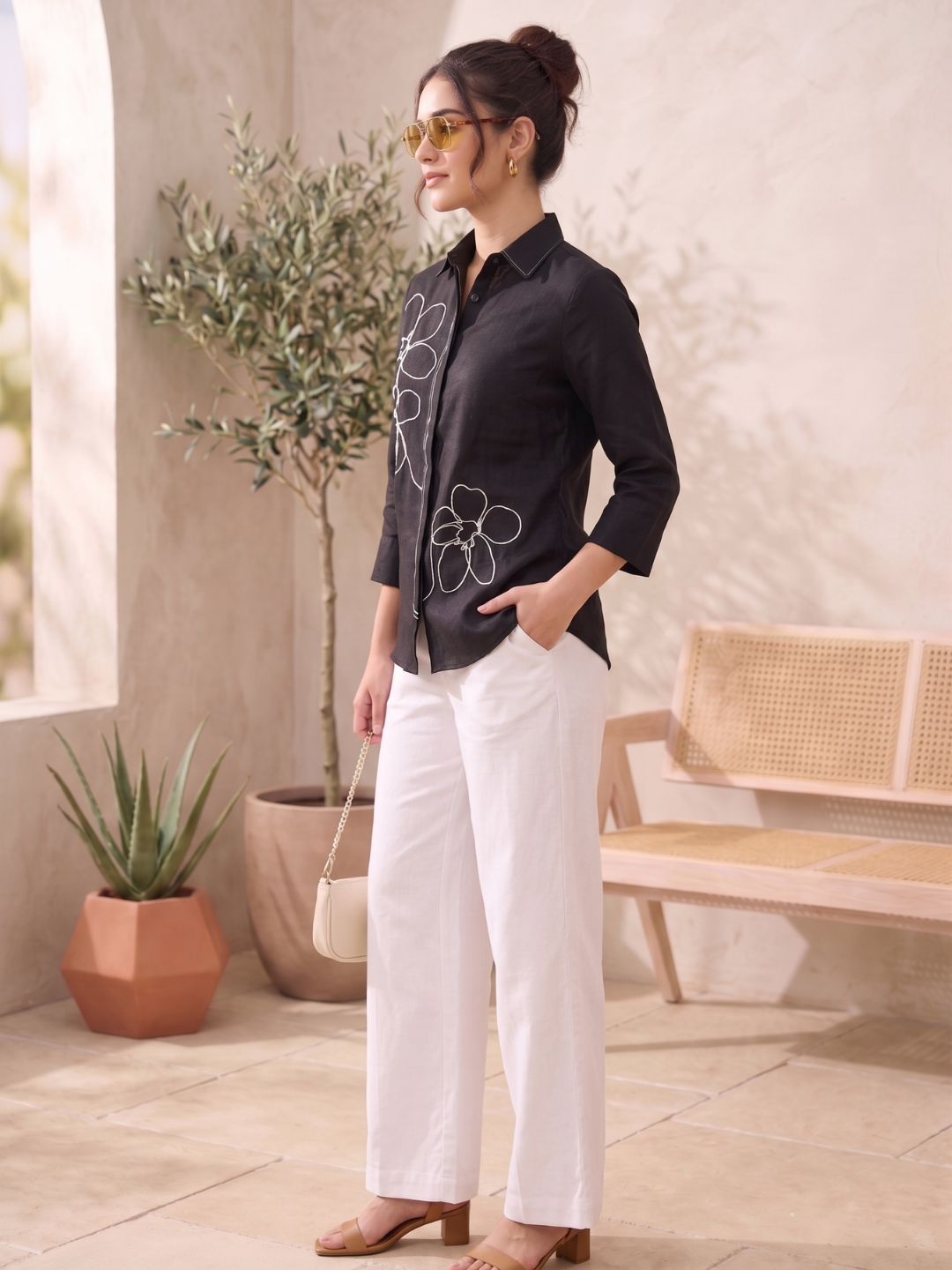 Black Floral Embroidered Shirt