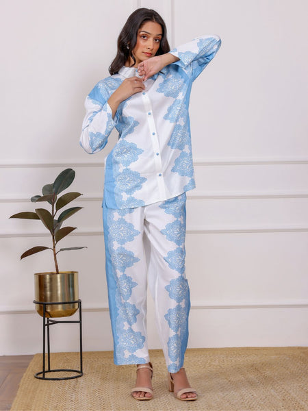 Azure Bloom Printed Co-Ord Shirt & Pant Set