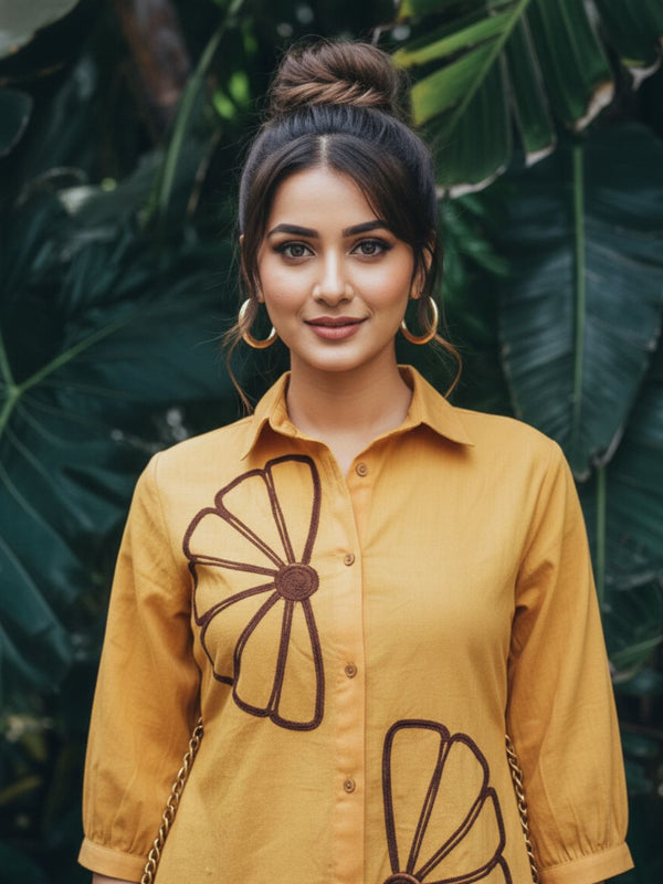Sunflower Bloom Embroidered Cotton Shirt