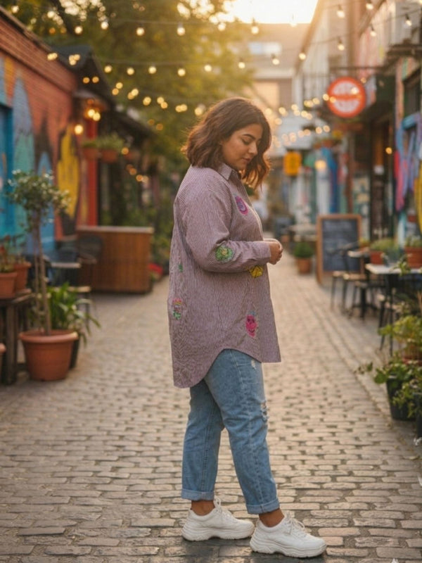 Women Striped Embroidered Patch Casual Shirt
