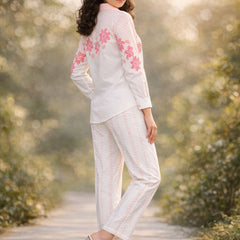 Women Stylish Printed White Shirt And Pants Set