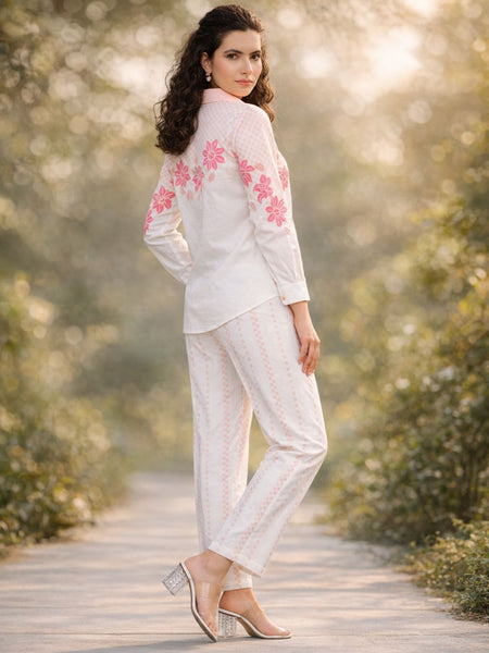 Women Stylish Printed White Shirt And Pants Set