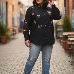Women Black Embroidered Casual Cotton Shirt