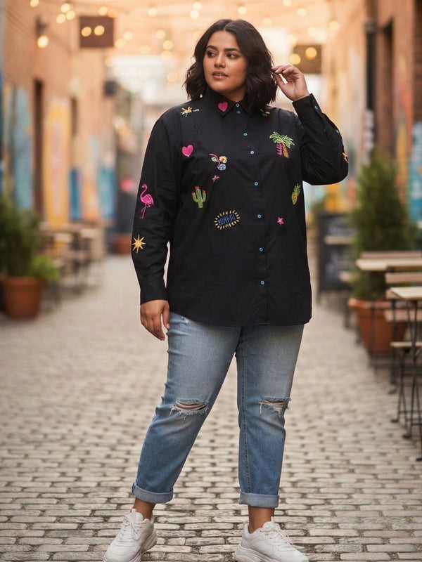 Women Black Embroidered Casual Cotton Shirt