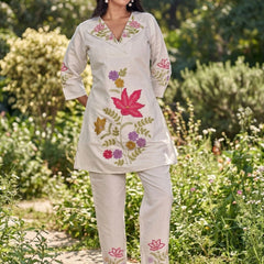 Beige Silk Embroidered Collar Neck Co-Ord Set