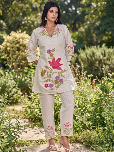 Beige Silk Embroidered Collar Neck Co-Ord Set