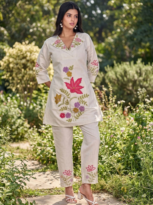 Beige Silk Embroidered Collar Neck Co-Ord Set
