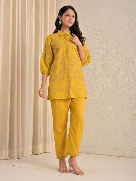 Elegant Mustard Printed Kurta With Matching Pants