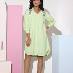 Pastel Green Sequined Work Shirt Dress