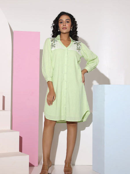 Pastel Green Sequined Work Shirt Dress