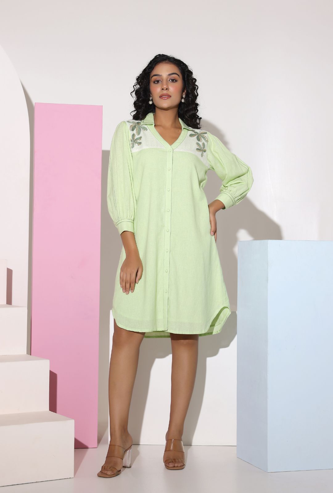Pastel Green Sequined Work Shirt Dress