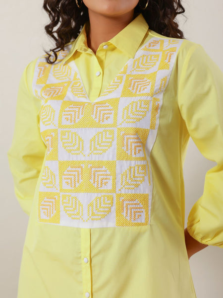 Sunshine Yellow Cotton Embroidered Shirt Dress