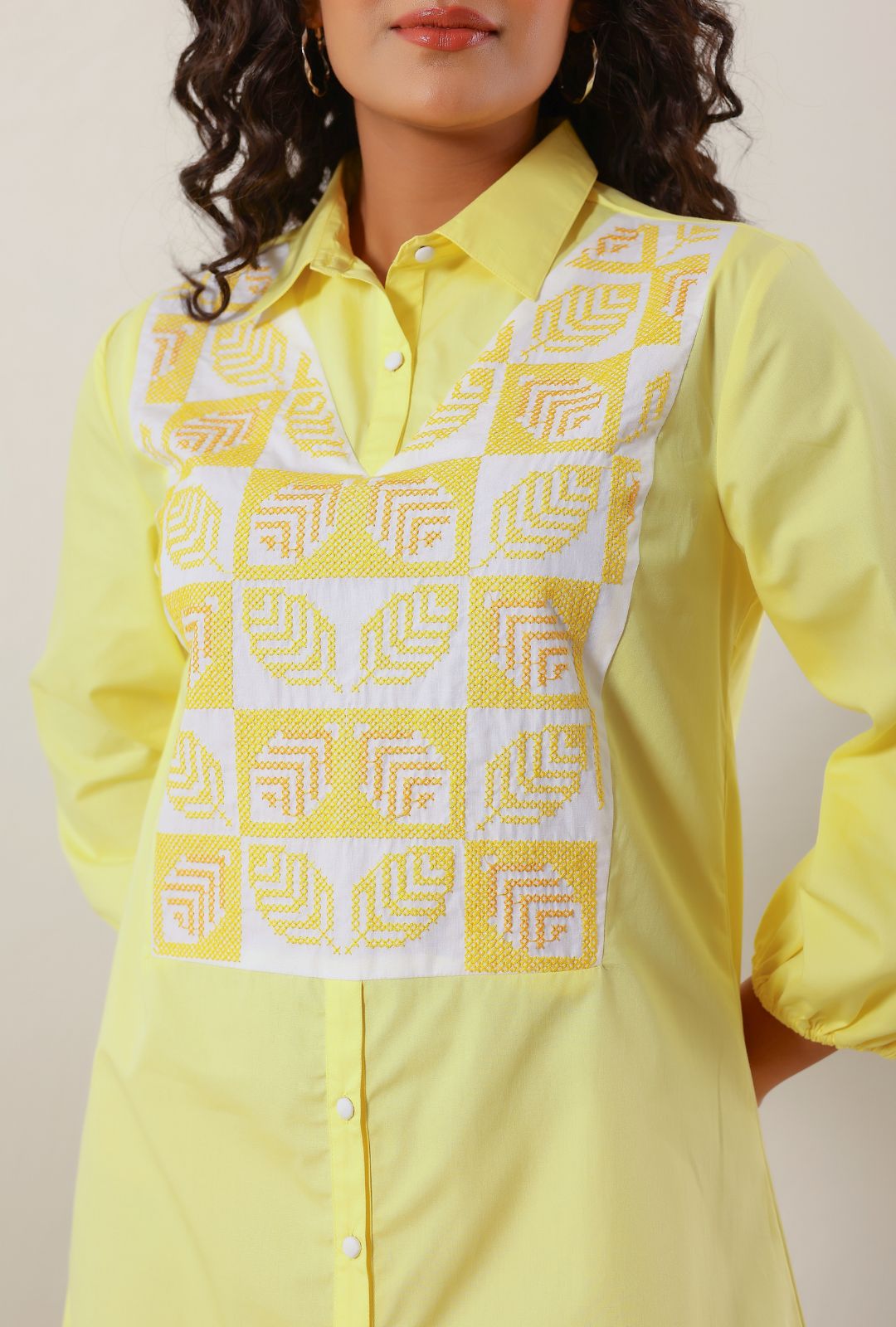 Sunshine Yellow Cotton Embroidered Shirt Dress