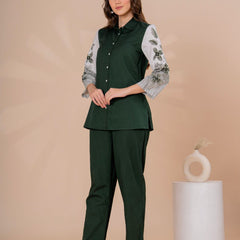Elegant Dark Green Co-Ord Set With Printed Sleeves