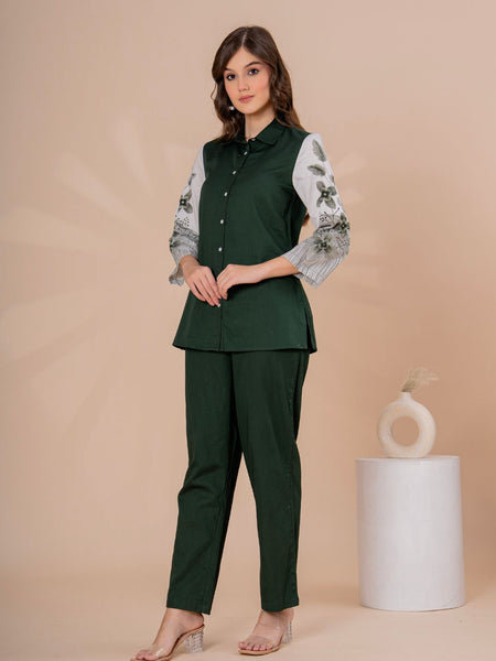 Elegant Dark Green Co-Ord Set With Printed Sleeves