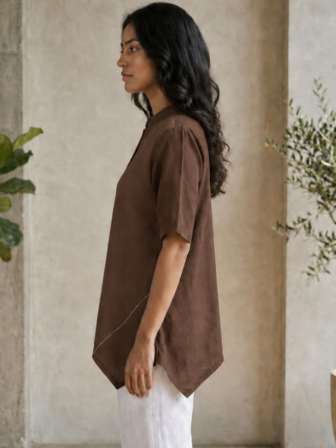 Trendy Ombre Dyed High-Low Tunic Top with Mandarin Collar & Short Sleeves