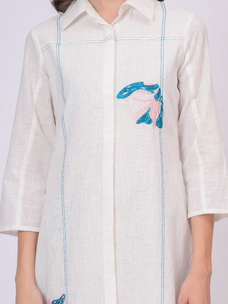 Pink Linen Embroidered Shirt Dress