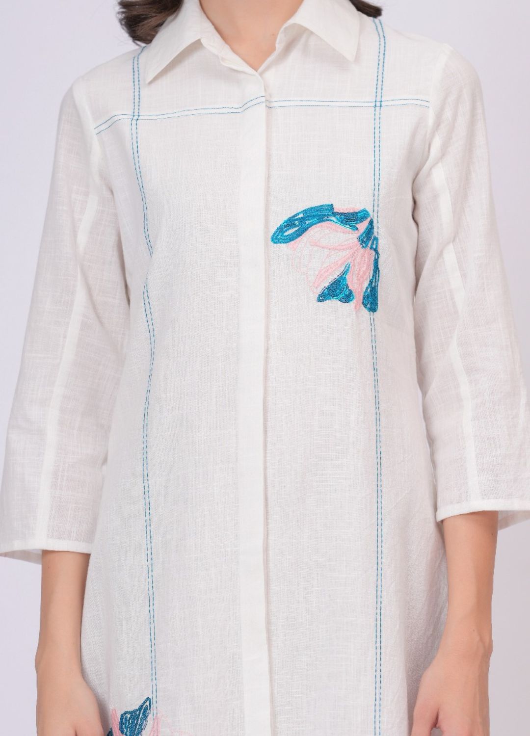 Pink Linen Embroidered Shirt Dress