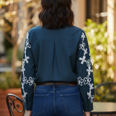 Blue Cotton Embroidered Waist-Length Shirt with Collar Neck