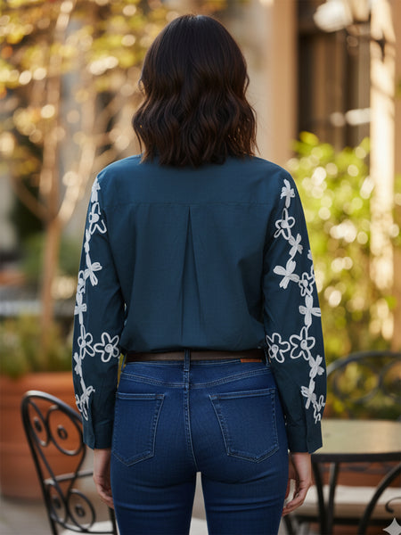 Blue Cotton Embroidered Waist-Length Shirt with Collar Neck