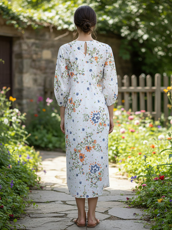Elegant Floral Cotton Midi Dress with Embroidered V-Neck