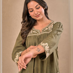 Elegant Olive Green Cotton Embroidered Kurta Set