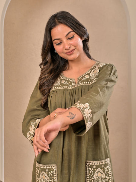 Elegant Olive Green Cotton Embroidered Kurta Set