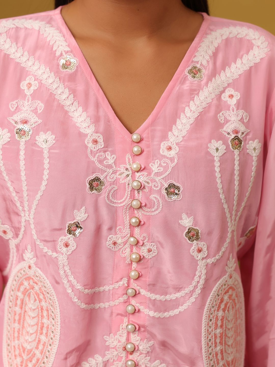 Pink Crepe Embroidered Top with Shantoon Palazzo Set