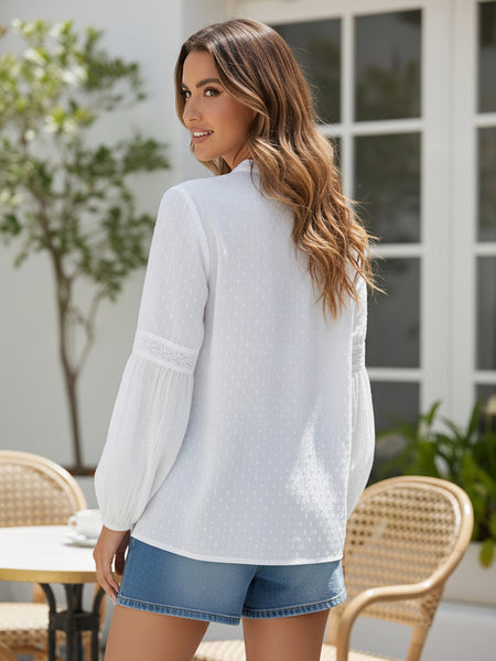 Women’s White Cotton Embroidered Shirt with Closed Neck and Full Sleeves