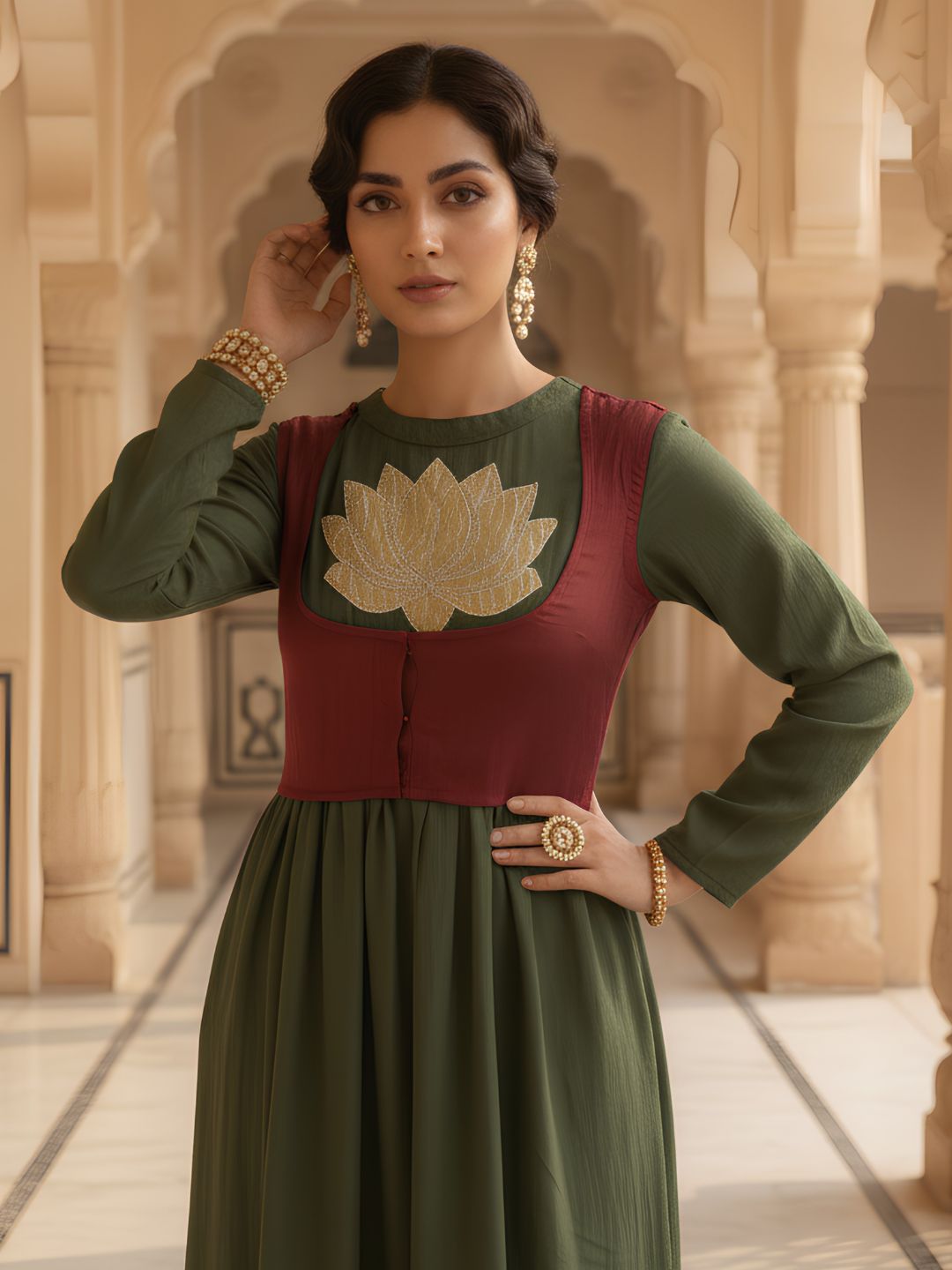 Women's Olive Green Ethnic Maxi Dress with Contrast Yoke