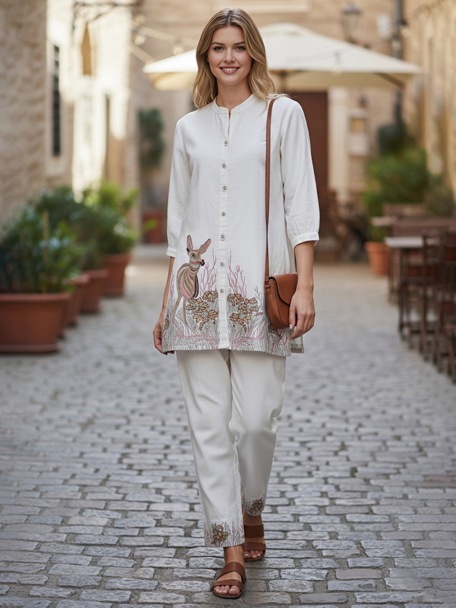 Beige Forest Harmony Embroidered Cotton Co-ord Set