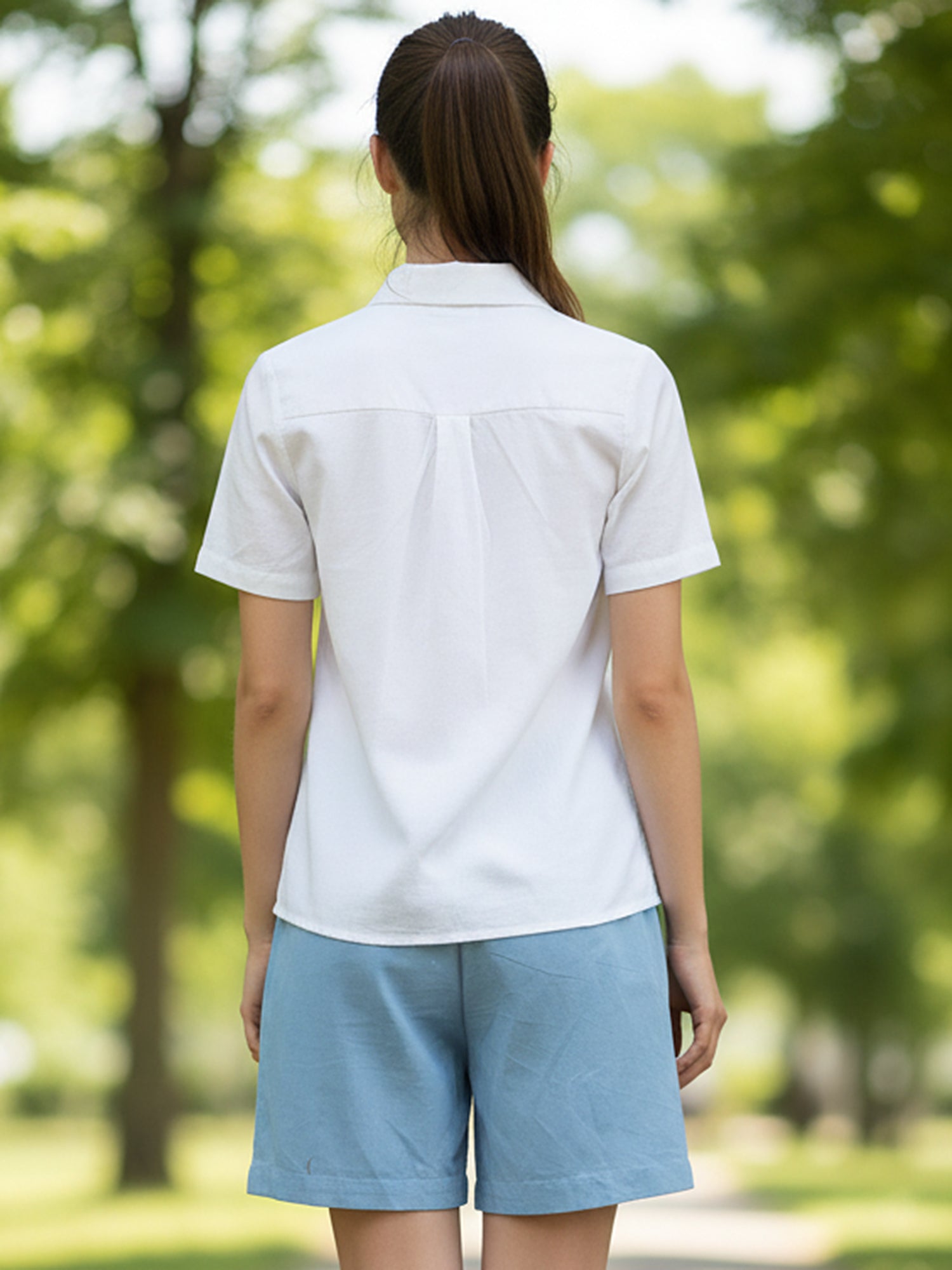 White Button-Down Top With Blue Embroidered Shorts