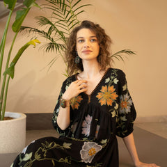 Black Cotton Embroidered Midi Dress with V-Neck & Elbow Sleeves