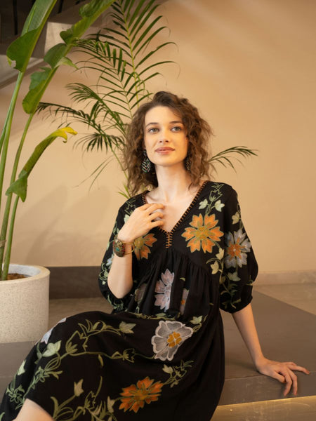 Black Cotton Embroidered Midi Dress with V-Neck & Elbow Sleeves