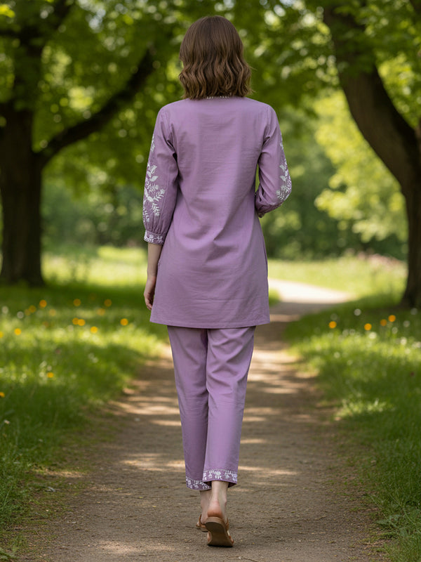 Designer Purple Kurta & Pant Set with White Threadwork