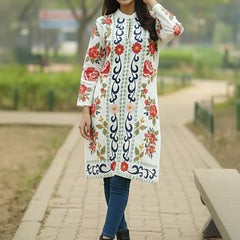 White Pink Embroidered Full Sleeves Long Jacket