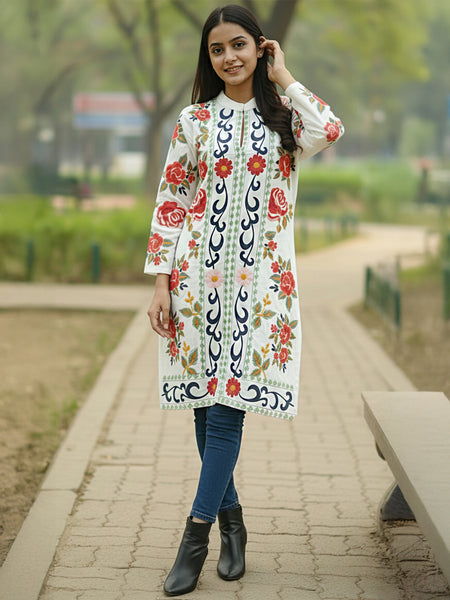 White Pink Embroidered Full Sleeves Long Jacket