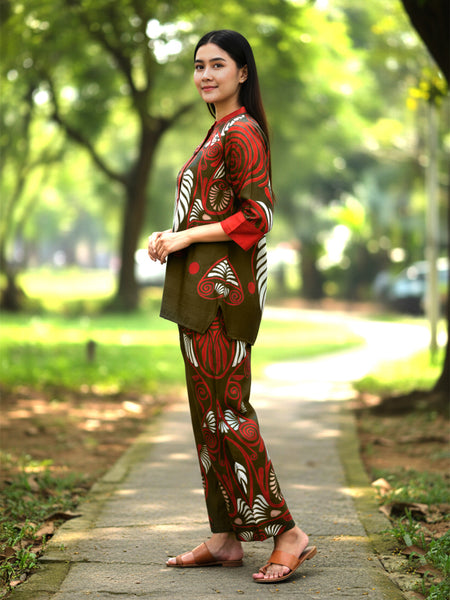 Printed Red Rayon Co-Ord Set