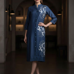 Navy Blue Embroidered Viscose Midi Dress