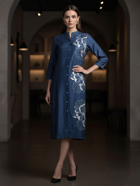 Navy Blue Embroidered Viscose Midi Dress