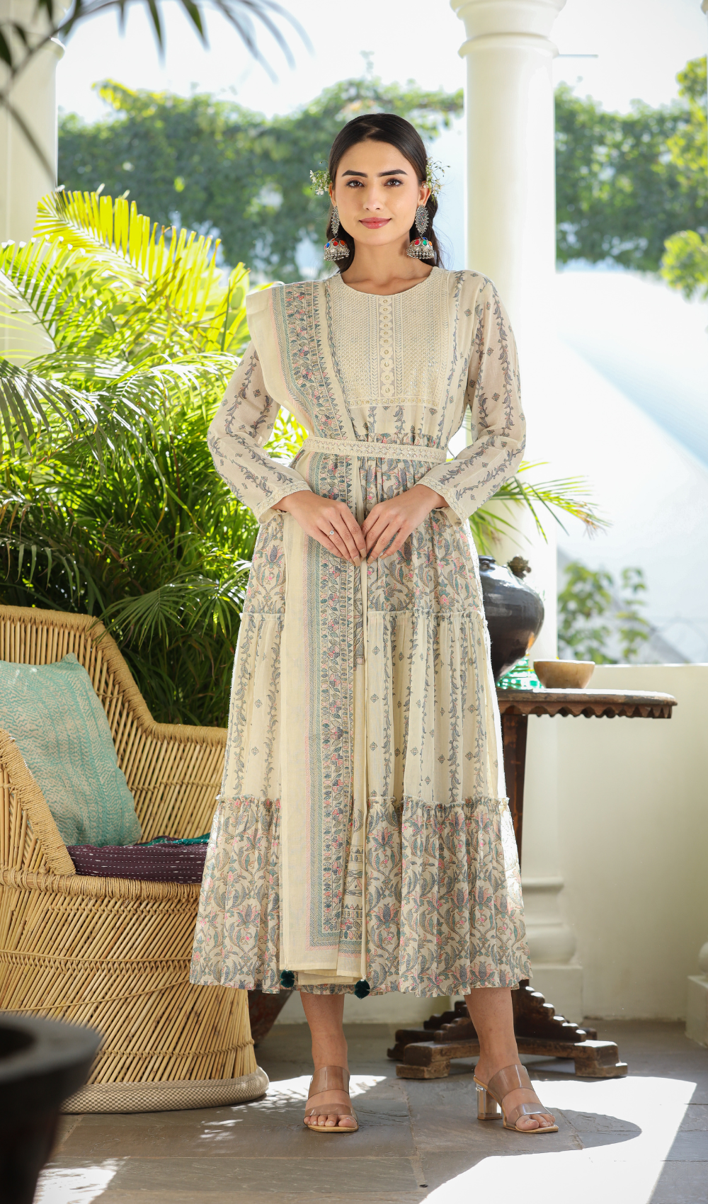 Beige Cotton Printed Flared Dress With Dupatta