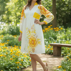 White & Yellow Floral Midi Dress