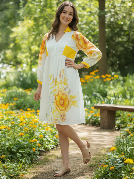 White & Yellow Floral Midi Dress