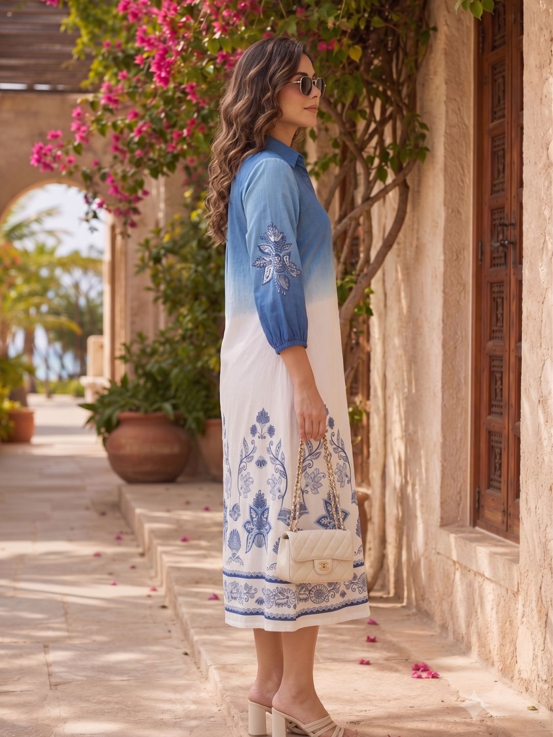 Elegant Indigo Ombre Printed A-Line Midi Dress