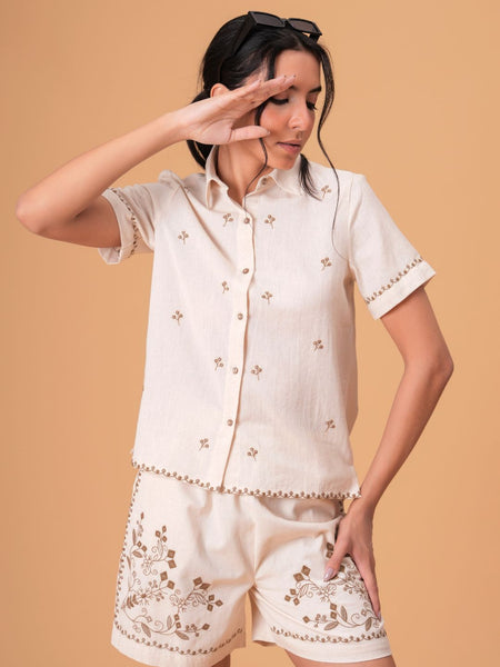 Beige Brown Embroidered  Co-ord Set