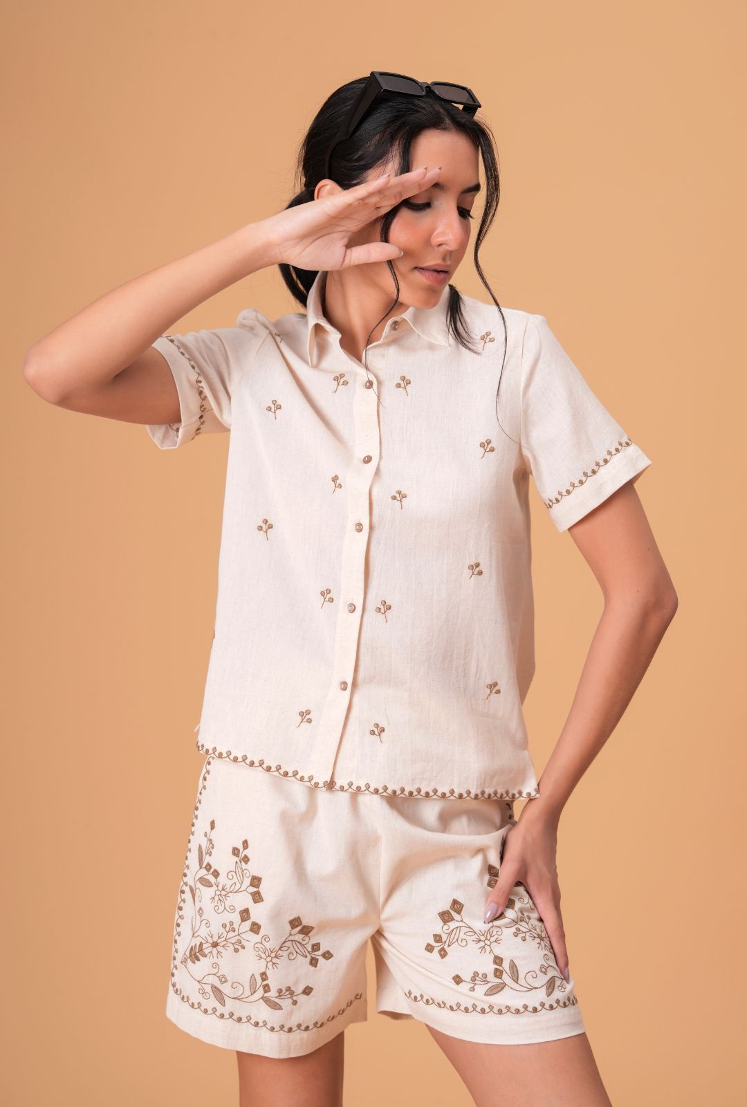 Beige Brown Embroidered  Co-ord Set
