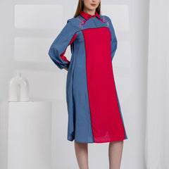 Women Color block Embroidered Midi Dress with Puff Sleeves & Zip Collar