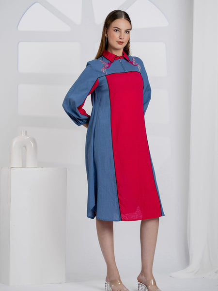 Women Color block Embroidered Midi Dress with Puff Sleeves & Zip Collar