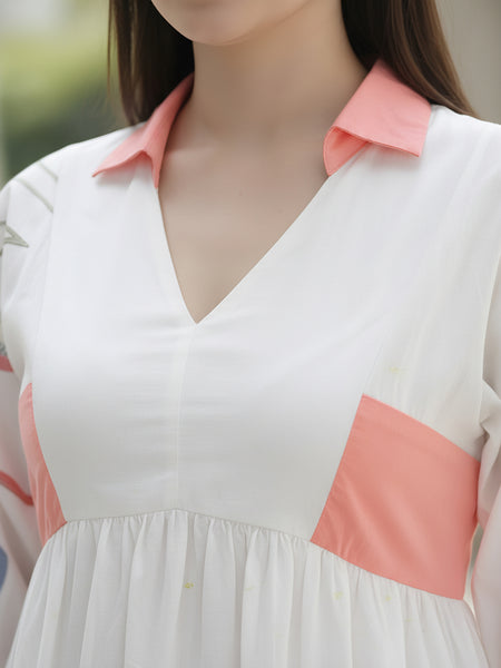 Printed Cotton Cambric Mini Dress with Soft Pink Detailing