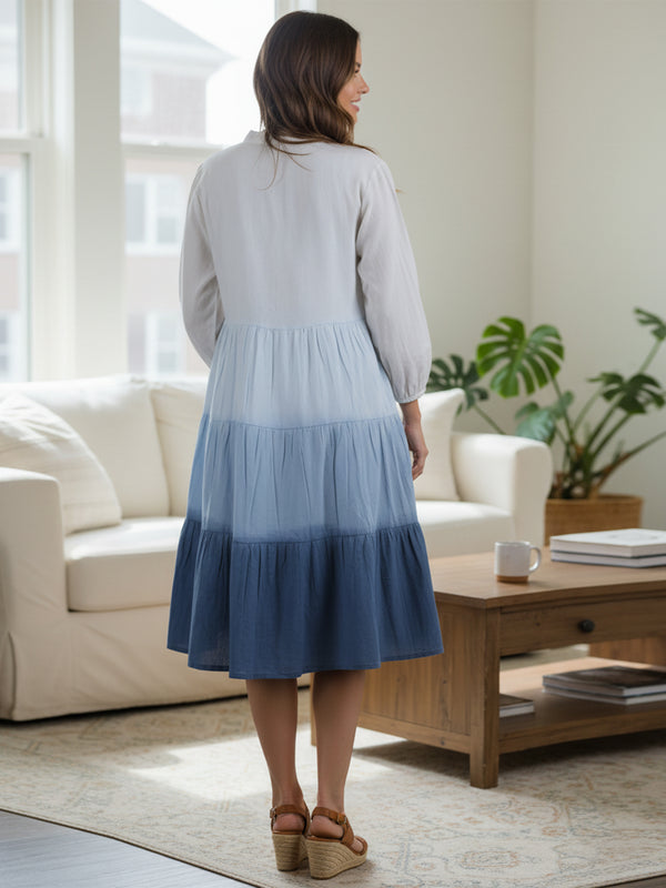 Ocean Haze Ombre Blue Embroidered Fit & Flare Dress